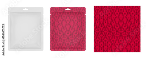 White sachet or pouch. Red pattern for packaging design. Vector bag mockup, wet wipes. Cosmetics sample. Moisturizing sheet face mask.