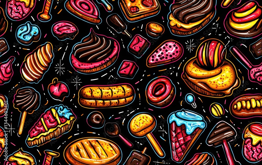 Fototapeta premium Seamless neon dessert doodles of artistic plated sweets, futuristic candy textures, and vibrant cosmic sugar elements