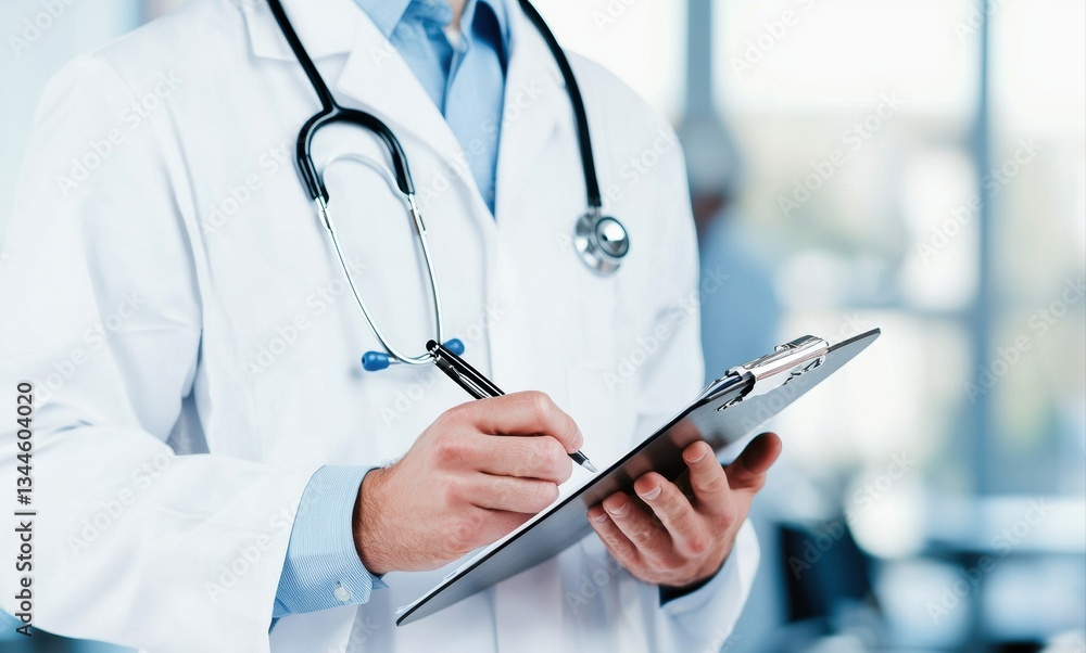 Medical professional writing patient notes, wearing white coat and stethoscope around neck Medical professional writing patient notes, wearing white coat and stethoscope around neck