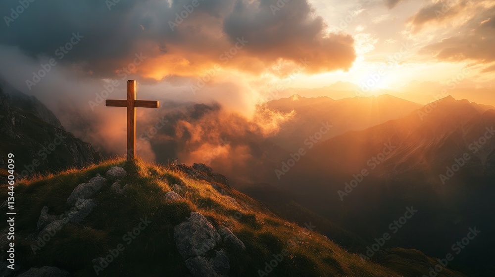 Fototapeta premium Sunset over mountain with cross: dramatic sky and tranquil landscape.