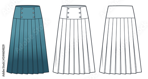 Pleated Skirt with High Waist Technical Fashion Illustration. Midi Skirt fashion flat technical drawing template, buttons, front and back view, white, blue, women CAD mockup set.