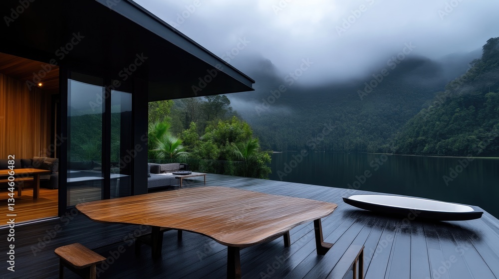 Modern cabin overlooking serene lake. Deck dining area with a large wooden table, perfect for enjoying views
