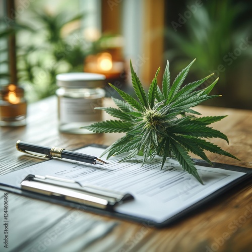 Green Cannabis Leaf on Desk with Documents and Pen in Modern Setting