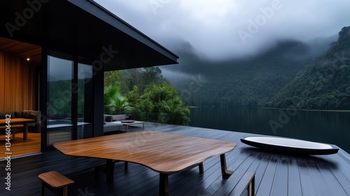Obraz na płótnie Modern cabin overlooking serene lake. Deck dining area with a large wooden table, perfect for enjoying views w salonie