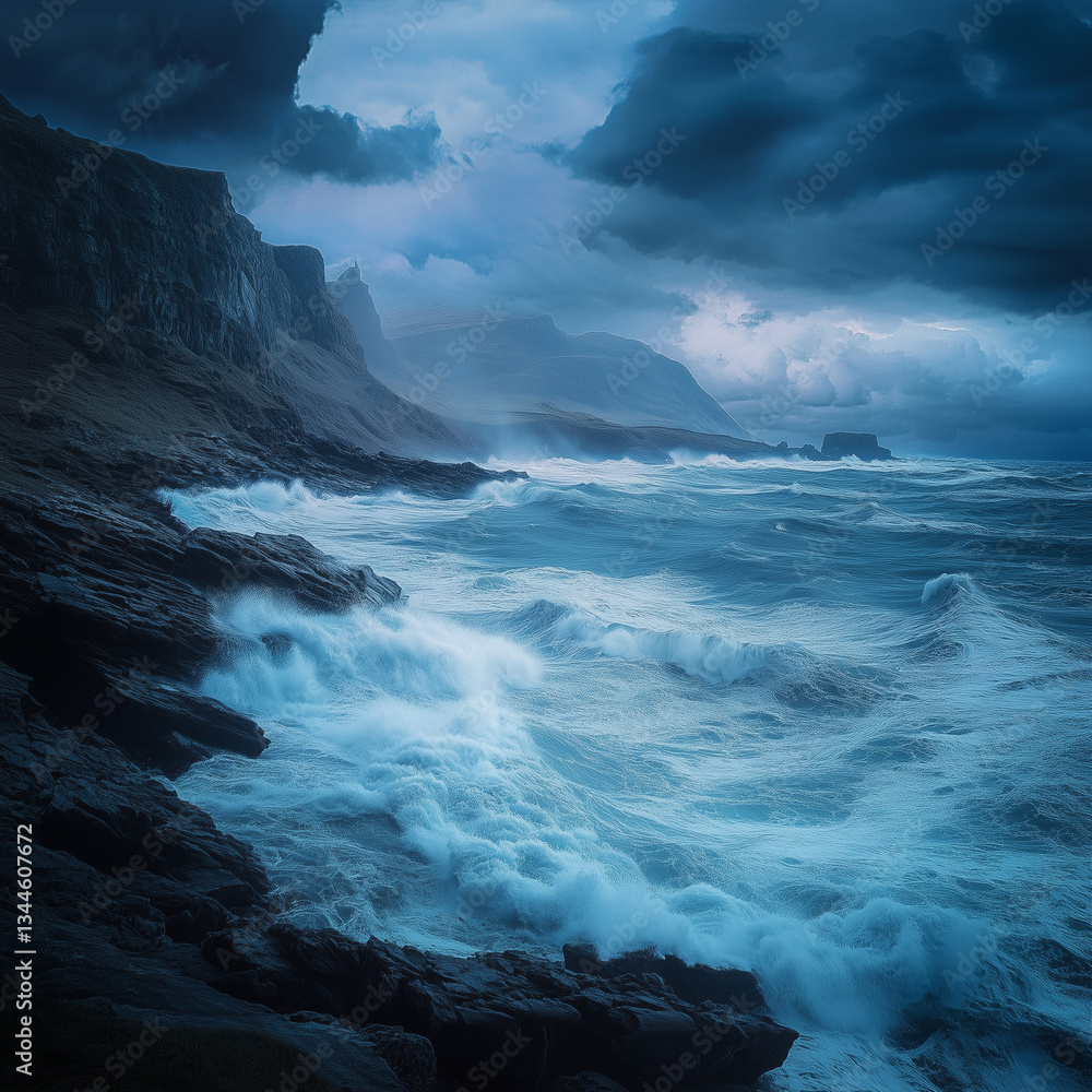 Obraz premium Stormy ocean waves crashing on rugged coastline cliffs in a powerful storm