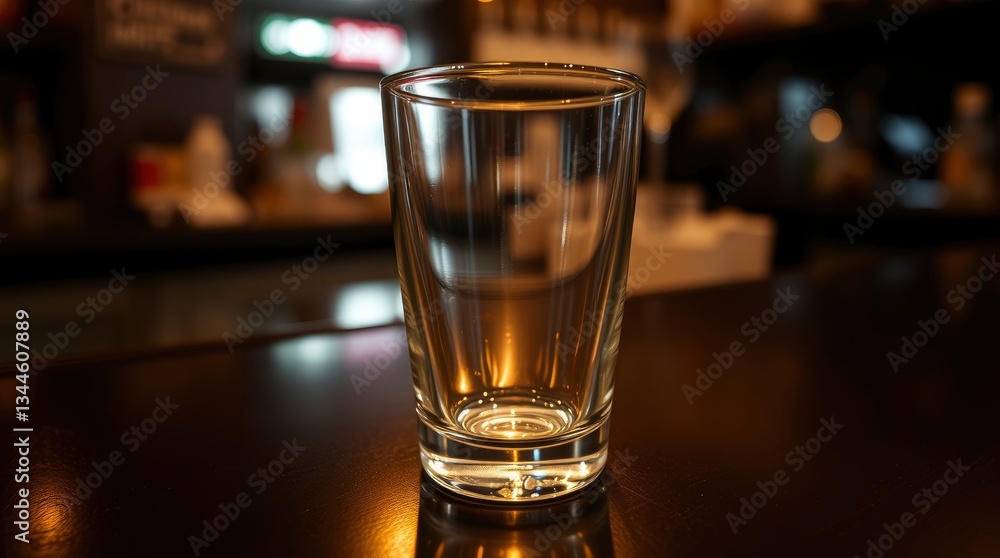 Empty Glass on Bar Table in Dimly Lit Restaurant or Pub