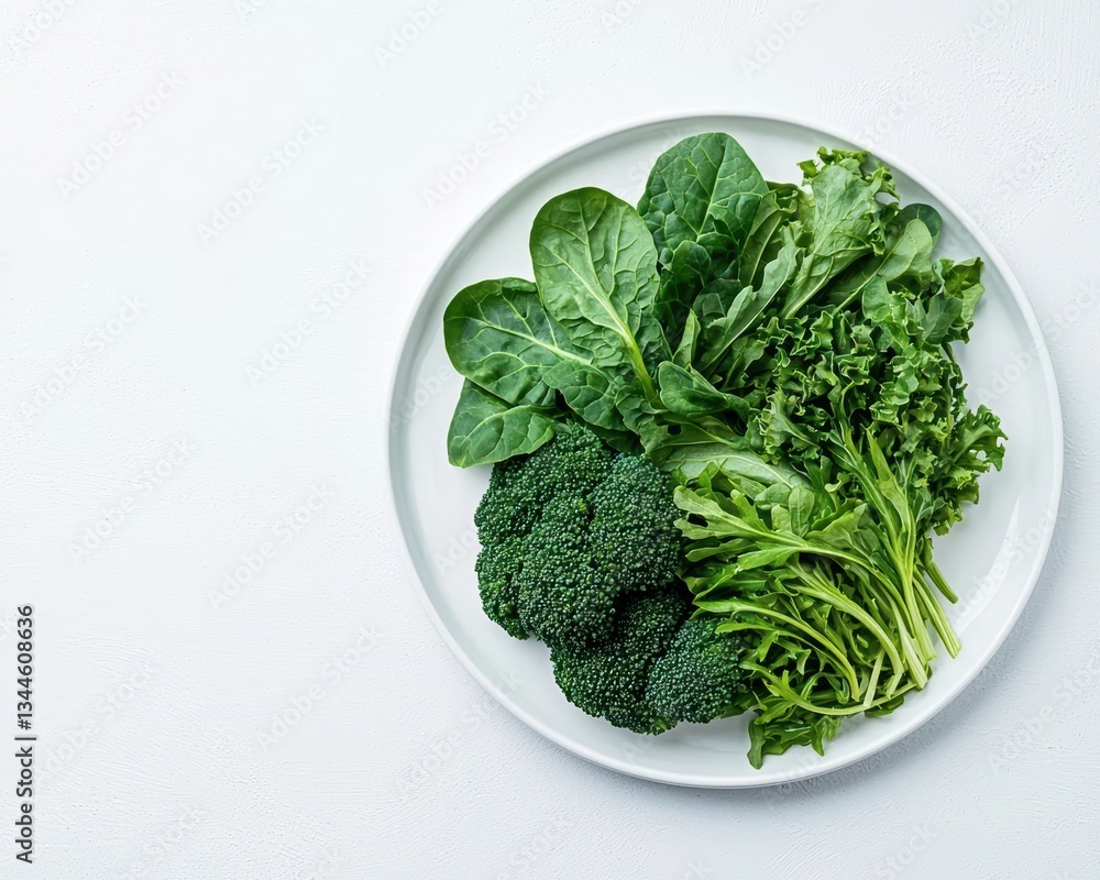 A symmetrical topview arrangement of fresh greens on a white plate, detox nutrition A symmetrical topview arrangement of fresh greens on a white plate, detox nutrition