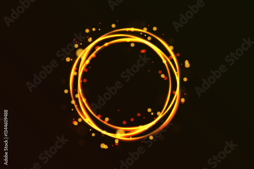Golden circle glowing light effect.Bokeh sparkles with a round elliptical line.Vector.On a dark background.