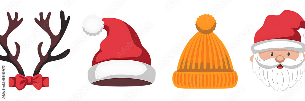 Christmas Elements: Antlers, Santa Hat, Winter Beanie, Santa Claus isolated