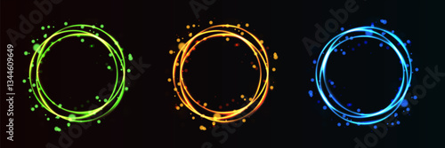 Set of golden blue and green circle light effects. Bokeh sparkles with round elliptical line.Vector illustration.