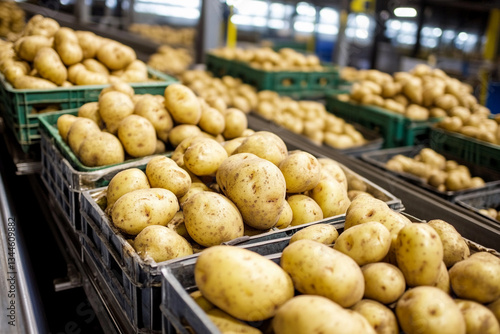 Fresh potatoes being sorted on conveyor in packing facility Generative AI