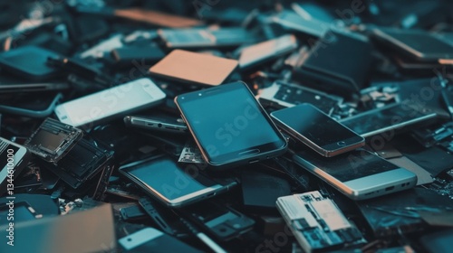 Pile of Discarded Smartphones and Electronic Waste for Recycling