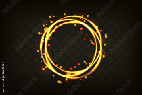 Golden circle glowing light effect.Bokeh sparkles with a round elliptical line.Vector.On a dark background.