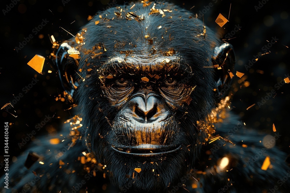 Obraz premium Portrait of a chimpanzee covered in gold particles on black