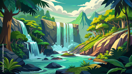 Breathtaking view of a powerful cascading waterfall surrounded by a lush verdant tropical forest landscape The waterfall s rushing waters crash against the rocks creating