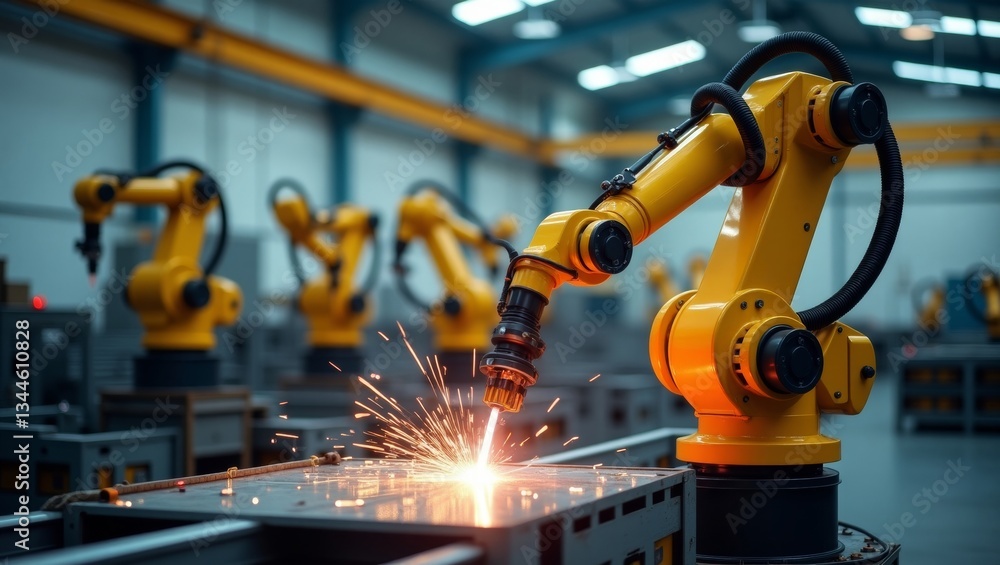 Highresolution photograph of a bright yellow industrial robotic arm engaged in welding sparks amidst a hightech factory setting Highresolution photograph of a bright yellow industrial robotic arm engaged in welding sparks amidst a hightech factory setting