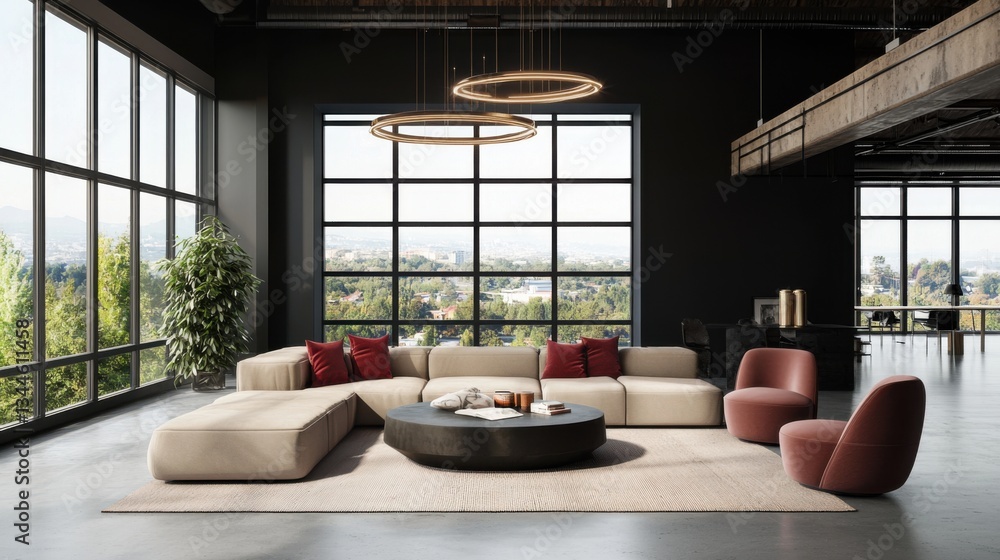 Fototapeta premium Warm brutalist attic loft living room, black walls, oversized smoky beige sofa, large raspberry pillows, legless armchairs, industrial chandelier
