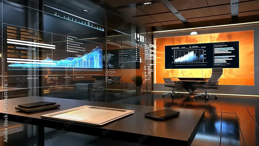 Modern office interior featuring data analysis screens and graphs with ...