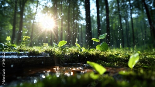 Lush forest floor, rain, sunlight