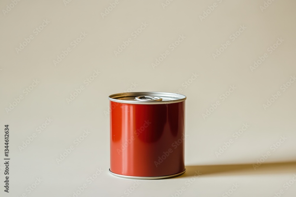 A shiny red metal food can rests on a neutral surface A shiny red metal food can rests on a neutral surface