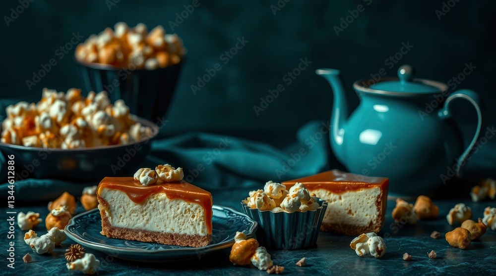Naklejka premium Enjoying Cheesecake with Caramel and Popcorn in Moody Still Life
