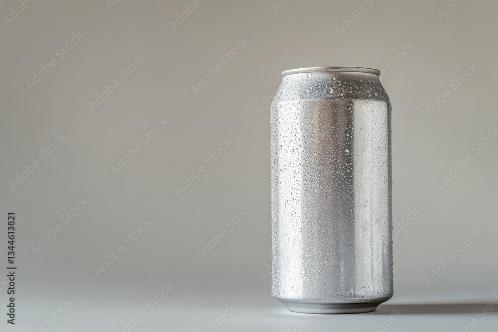 A chilled metallic drink can with water droplets on its exterior A chilled metallic drink can with water droplets on its exterior