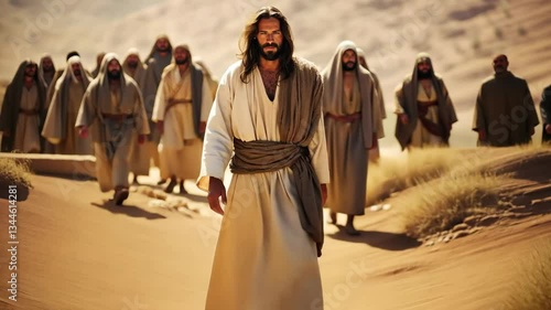 Historical depiction of  Jesus and figures walking in desert with central character leading the way