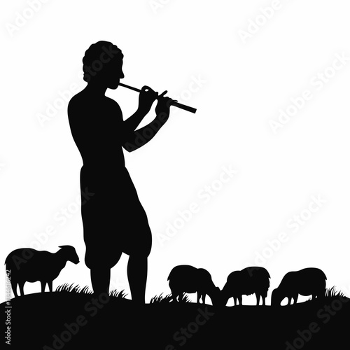Shepherd playing flute with grazing sheep – silhouette icon
