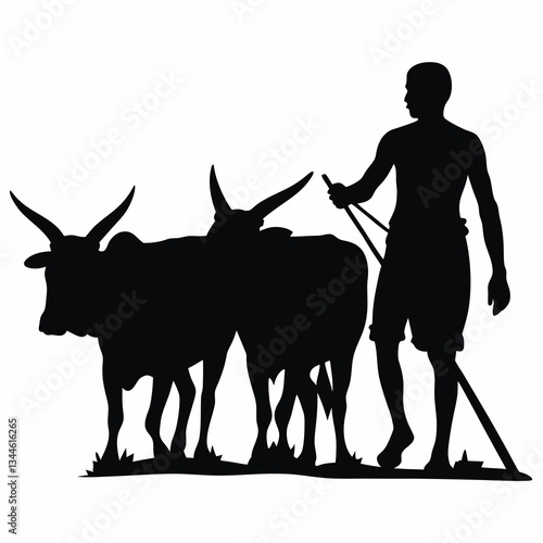 Farmer herding oxen with a stick – silhouette icon