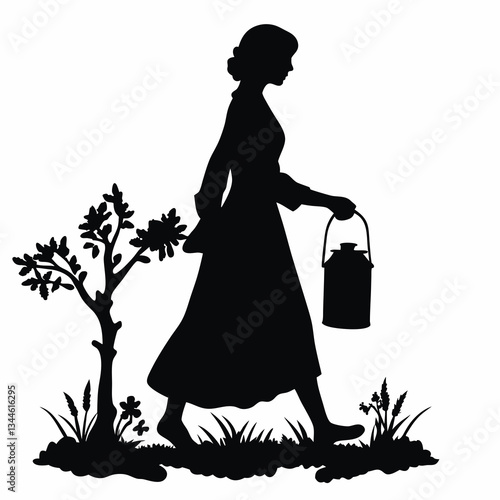 Silhouette of a woman carrying a milk can in nature