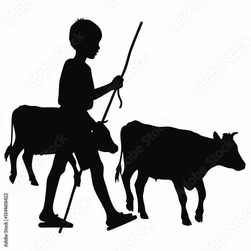 Silhouette of a child herding cows with a stick