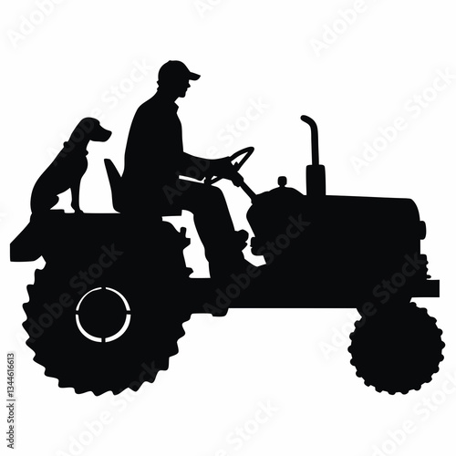 Silhouette of a farmer driving a tractor with a dog