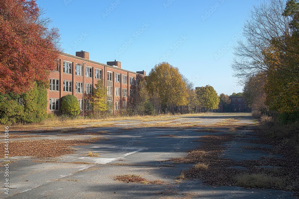 Fototapeta premium Abandoned Brick Building Autumnal Scene Overgrown Roadway
