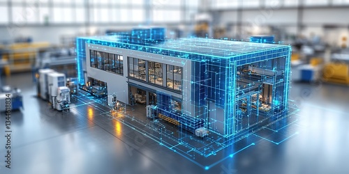 Outline of a modern manufacturing facility designed for automation and productivity in a spacious industrial interior