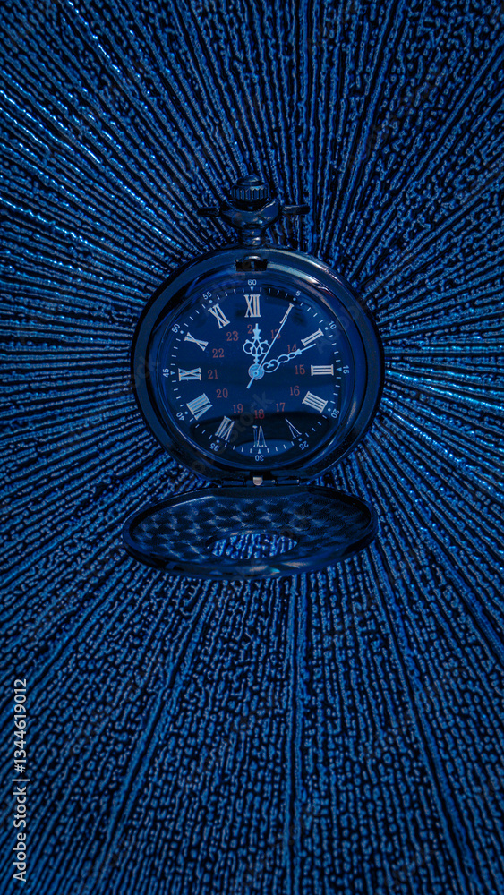 Elegant pocket watch with roman numerals marking the passage of time against a vibrant blue backdrop