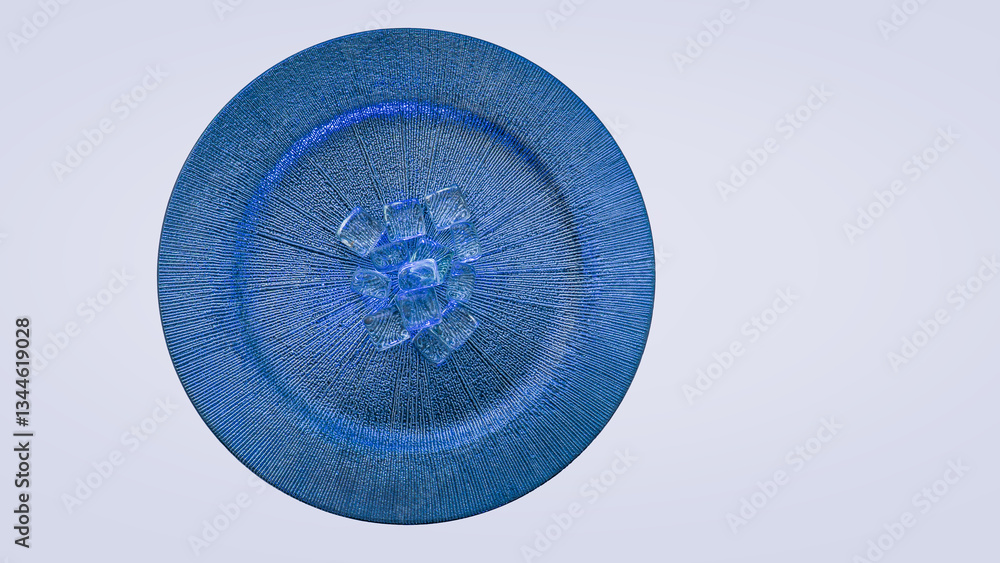 Textured blue plate holds crushed ice on a white background, creating a cool and refreshing image