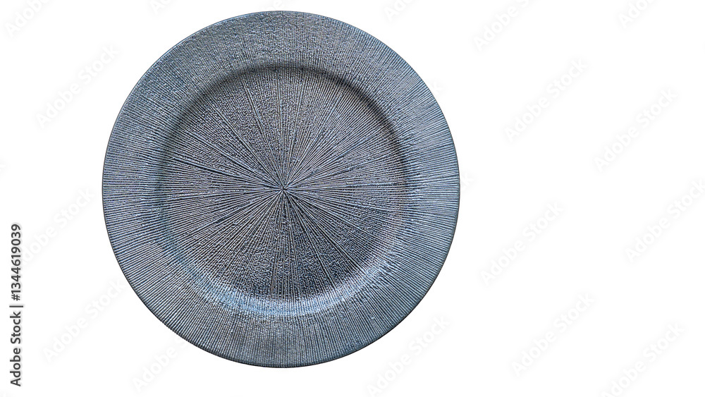 Shiny silver decorative plate with radial lines isolated on a white background