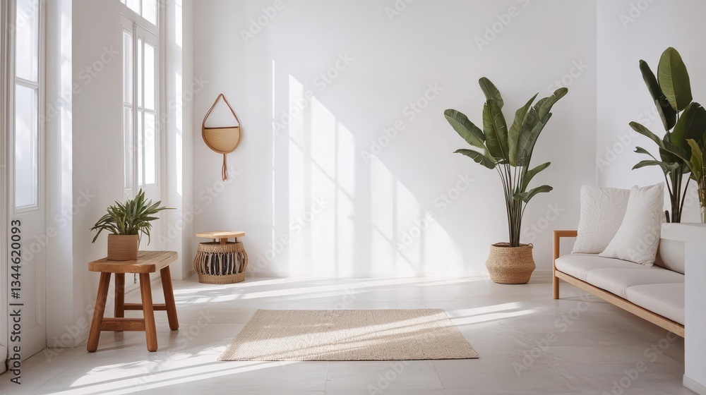 Fototapeta premium Clean white walls with subtle decor in a coliving common area, modern minimalist lifestyle