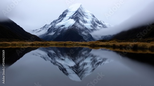Majestic mountain reflected in tranquil lake.  Vast, snowy peak mirrored perfectly in still waters