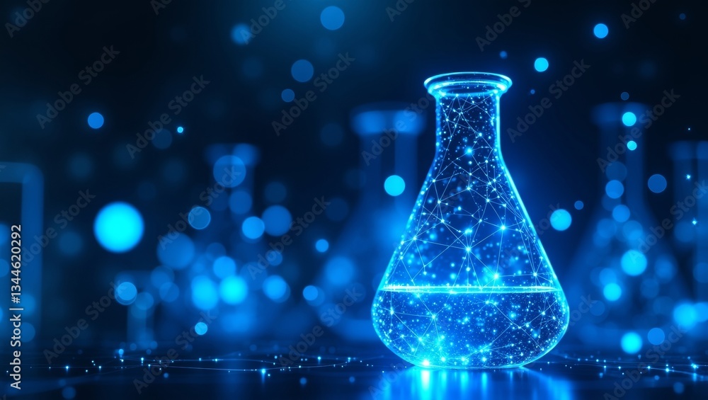 Digital illustration of a glowing erlenmeyer flask a fusion of science and technology amidst abstract geometry Digital illustration of a glowing erlenmeyer flask a fusion of science and technology amidst abstract geometry