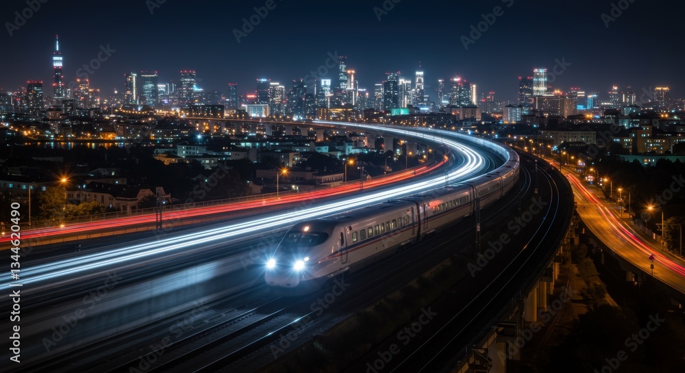 A long-exposure shot captures a high-speed train streaking through a cityscape at night, with blurred light trails against a backdrop of illuminated buildings A long-exposure shot captures a high-speed train streaking through a cityscape at night, with blurred light trails against a backdrop of illuminated buildings
