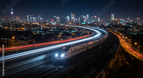 A long-exposure shot captures a high-speed train streaking through a cityscape at night, with blurred light trails against a backdrop of illuminated buildings
