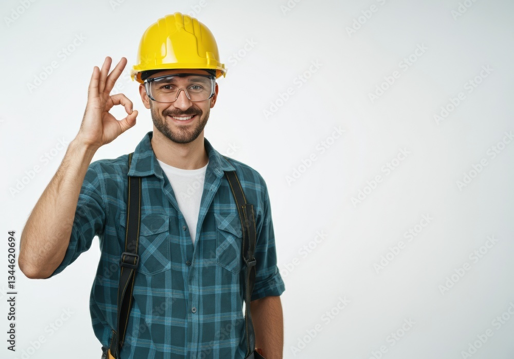 Smiling construction worker giving an okay gesture with a hard hat Smiling construction worker giving an okay gesture with a hard hat