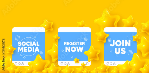 Register now social media post. Join us template mockup. Register now tag. Free registration offer. Create an account message. Like, comment and share icons. Vector