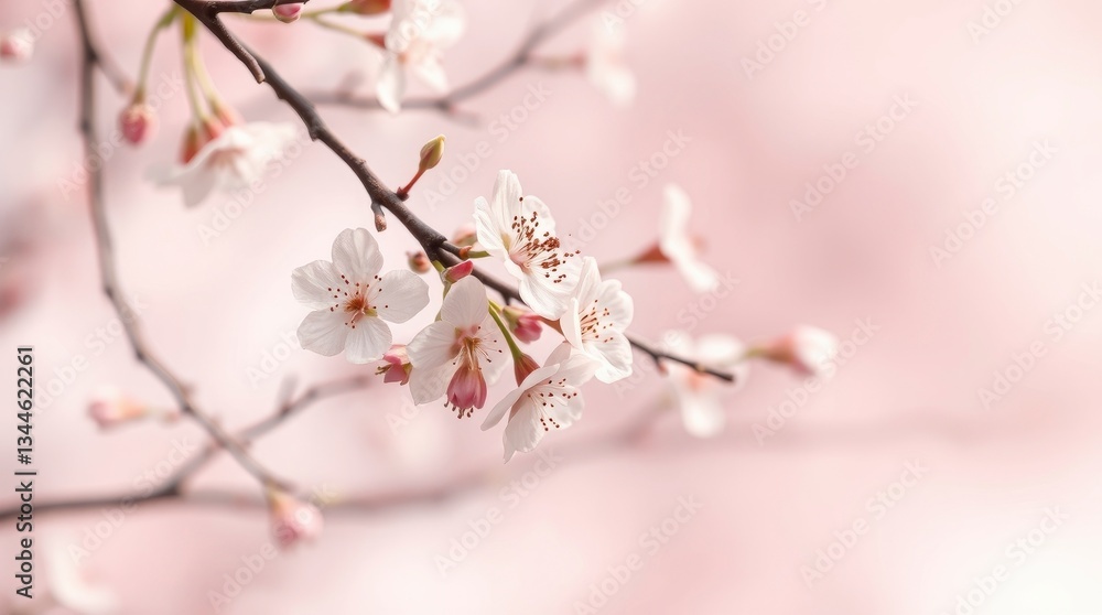 Blooming Cherry Branch Close Up with Soft Pink Blurred Background Blooming Cherry Branch Close Up with Soft Pink Blurred Background