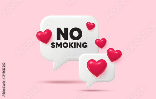 No smoking chat speech bubble. Social media concept. No smoking tag. Stop smoke sign. Smoking ban symbol. 3d hearts chat bubble. Vector