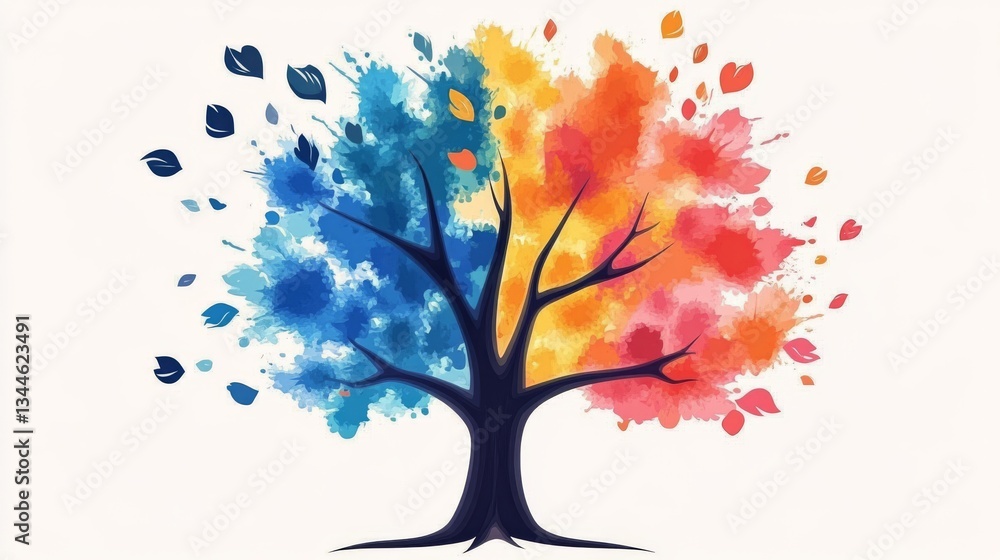 Fototapeta premium Watercolor Tree of Seasons Abstract Art with Colorful Leaves, Nature , Seasons