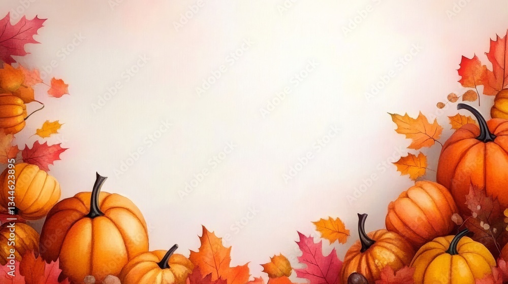 Naklejka premium Watercolor Autumn Frame Pumpkins, Fall Leaves and Empty Space ,Autumn, Watercolor