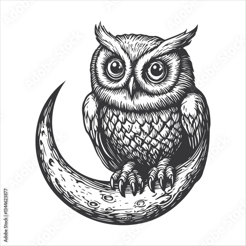 Detailed Illustration of an Owl Sitting on a Moon at Night