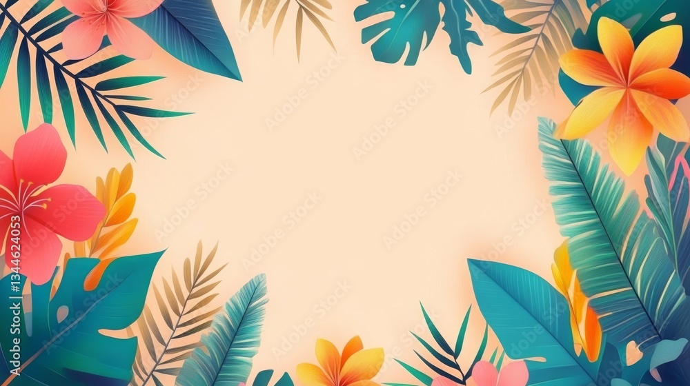 Tropical Frame Vibrant Floral and Leaf Border on Peach Backdrop, Exotic, Floral Tropical Frame Vibrant Floral and Leaf Border on Peach Backdrop, Exotic, Floral